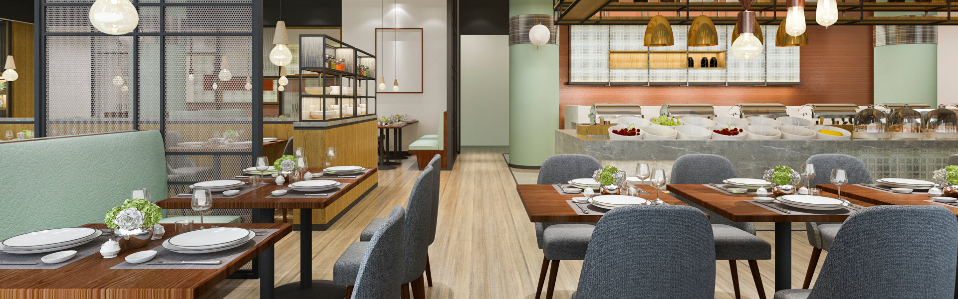 A table and chairs on a restaurant